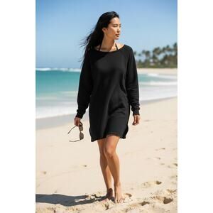 Free People Beach Black Oversized Long Sleeve Boho Chic Beach Tunic/Dress Size S
